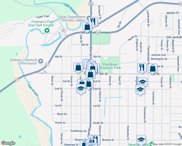 map of restaurants, bars, coffee shops, grocery stores, and more near 1609 U.S. 380 in Graham