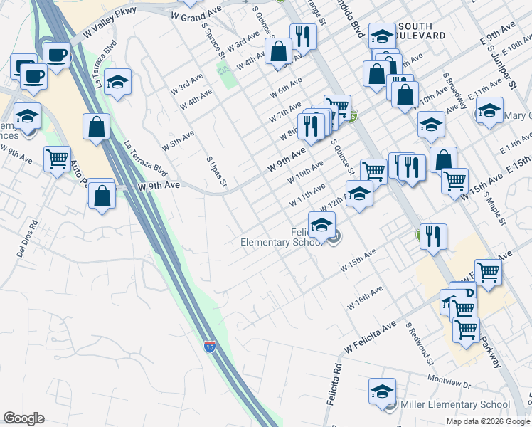 map of restaurants, bars, coffee shops, grocery stores, and more near 961 West 11th Avenue in Escondido