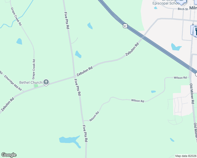 map of restaurants, bars, coffee shops, grocery stores, and more near 352 Zebulon Road in Milner