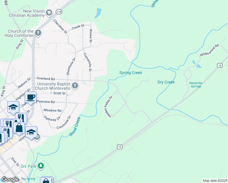 map of restaurants, bars, coffee shops, grocery stores, and more near 840 Overland Road in Montevallo