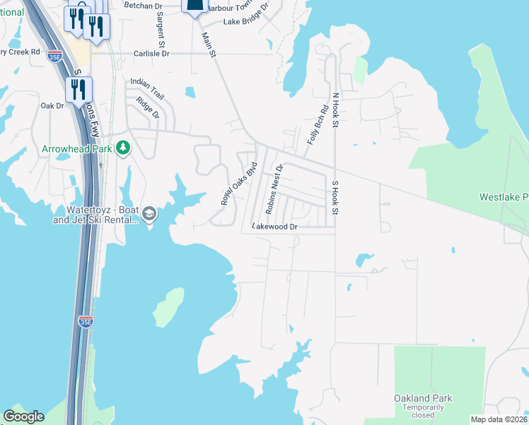 map of restaurants, bars, coffee shops, grocery stores, and more near 53 Lakewood Drive in Lake Dallas