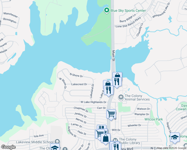 map of restaurants, bars, coffee shops, grocery stores, and more near 4577 North Shore Drive in The Colony