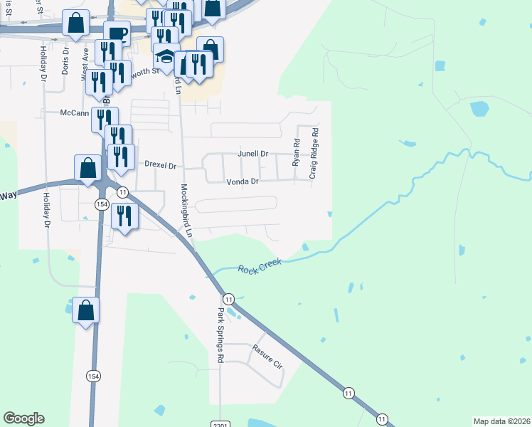map of restaurants, bars, coffee shops, grocery stores, and more near 504 Austin Acre Road in Sulphur Springs