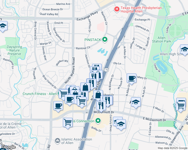map of restaurants, bars, coffee shops, grocery stores, and more near 317 Junction Drive in Allen