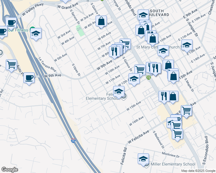 map of restaurants, bars, coffee shops, grocery stores, and more near 1141 South Tulip Street in Escondido