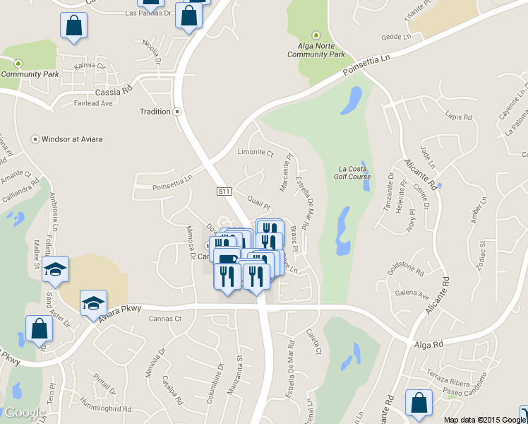 map of restaurants, bars, coffee shops, grocery stores, and more near 6919 Quail Place in Carlsbad