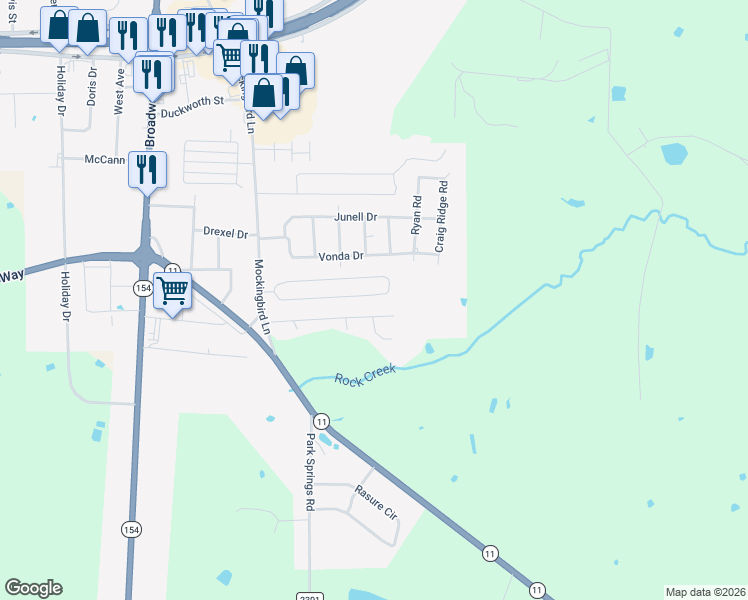 map of restaurants, bars, coffee shops, grocery stores, and more near 504 Austin Acre Road in Sulphur Springs