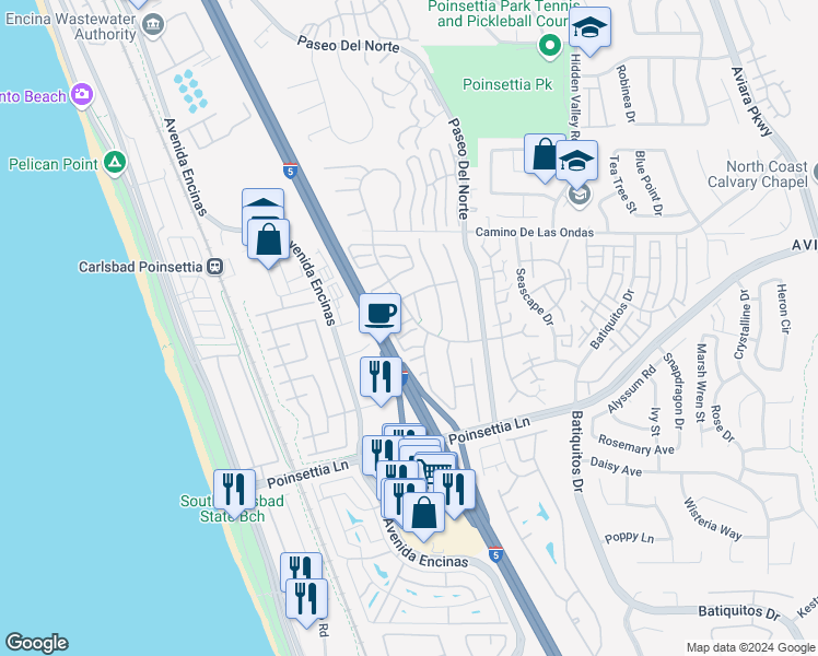 map of restaurants, bars, coffee shops, grocery stores, and more near 813 Spindrift Lane in Carlsbad