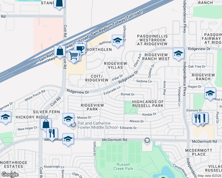 map of restaurants, bars, coffee shops, grocery stores, and more near 3548 Duval Drive in Plano