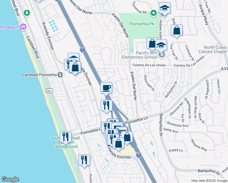 map of restaurants, bars, coffee shops, grocery stores, and more near 813 Spindrift Lane in Carlsbad
