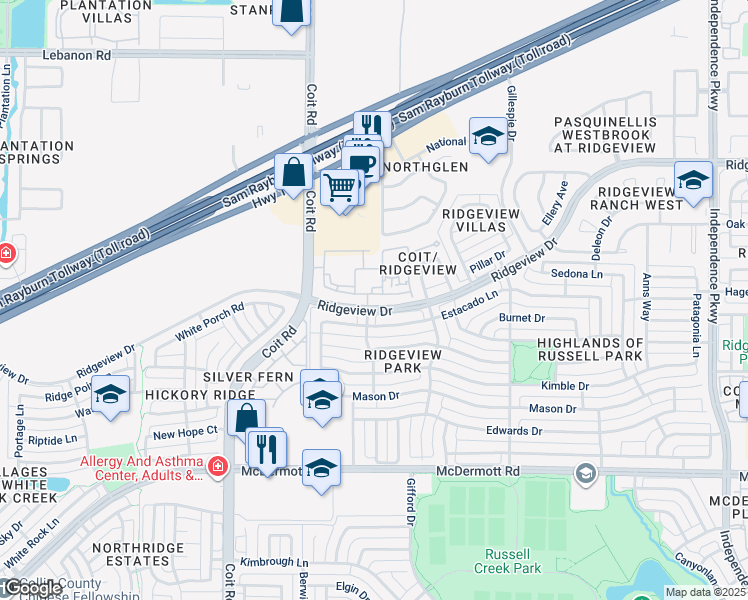map of restaurants, bars, coffee shops, grocery stores, and more near 9600 Coit Road in Plano
