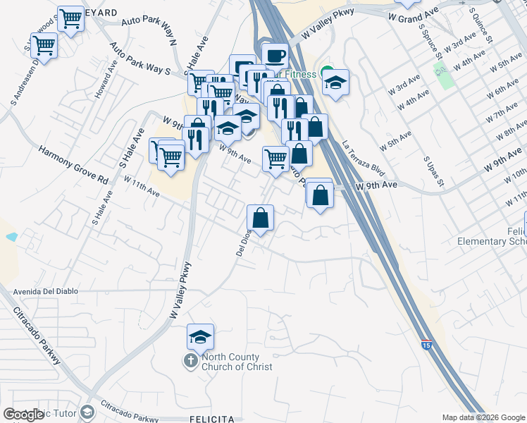 map of restaurants, bars, coffee shops, grocery stores, and more near 1436 Mosaic Glen in Escondido