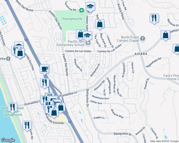 map of restaurants, bars, coffee shops, grocery stores, and more near 6917 Pear Tree Drive in Carlsbad