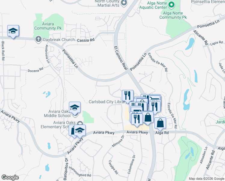 map of restaurants, bars, coffee shops, grocery stores, and more near 6878 Mimosa Drive in Carlsbad