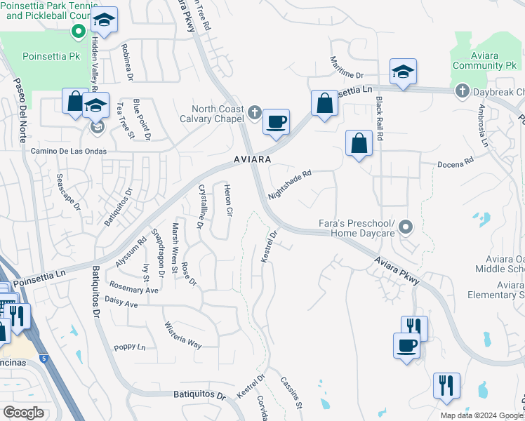 map of restaurants, bars, coffee shops, grocery stores, and more near 6904 Wildrose Terrace in Carlsbad