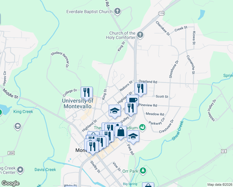 map of restaurants, bars, coffee shops, grocery stores, and more near 1150 Nabors Street in Montevallo