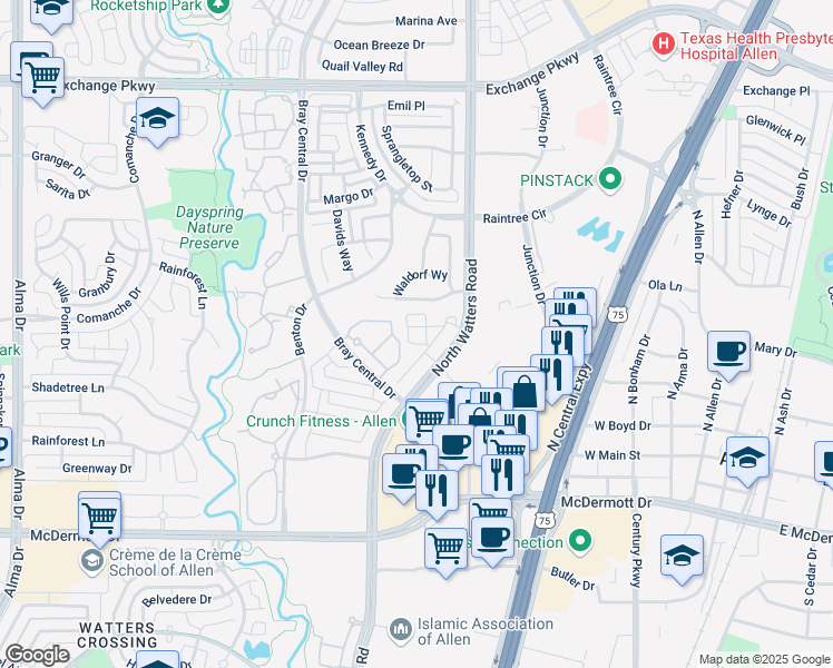 map of restaurants, bars, coffee shops, grocery stores, and more near 801 Watters Road in Allen