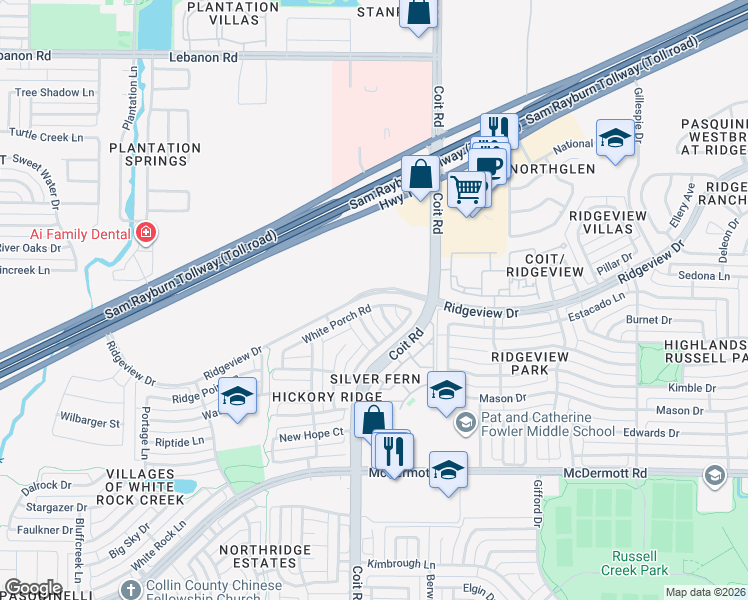 map of restaurants, bars, coffee shops, grocery stores, and more near 4017 Kenosha Road in Plano
