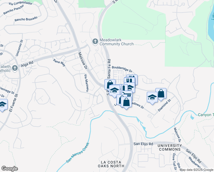 map of restaurants, bars, coffee shops, grocery stores, and more near Rancho Santa Fe Rd & Melrose Dr in San Marcos