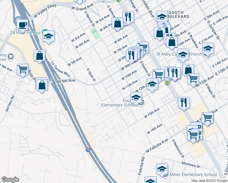 map of restaurants, bars, coffee shops, grocery stores, and more near 928 West 11th Avenue in Escondido