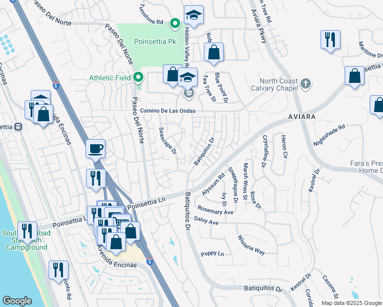 map of restaurants, bars, coffee shops, grocery stores, and more near 6915 Pear Tree Drive in Carlsbad