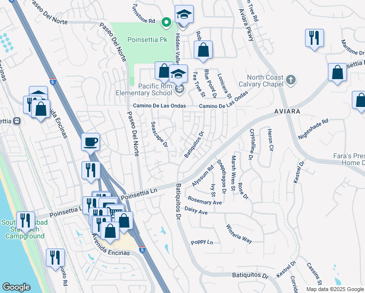 map of restaurants, bars, coffee shops, grocery stores, and more near 6915 Pear Tree Drive in Carlsbad