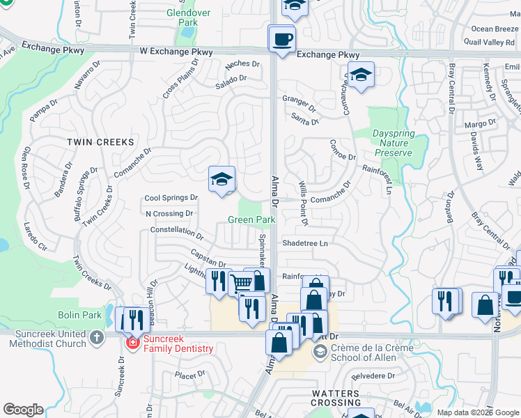 map of restaurants, bars, coffee shops, grocery stores, and more near 1305 Comanche Drive in Allen