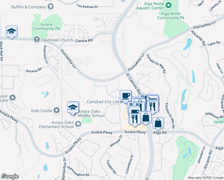 map of restaurants, bars, coffee shops, grocery stores, and more near 1767 Oriole Court in Carlsbad