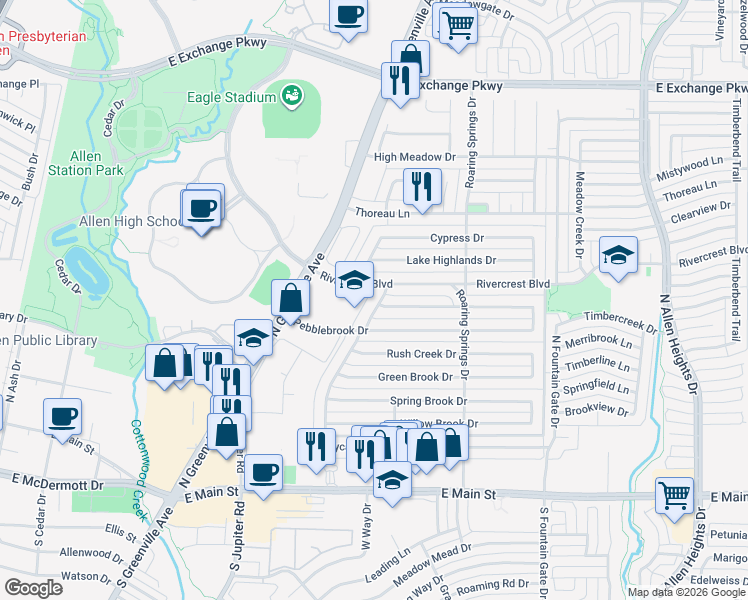 map of restaurants, bars, coffee shops, grocery stores, and more near 701 Rivercrest Boulevard in Allen