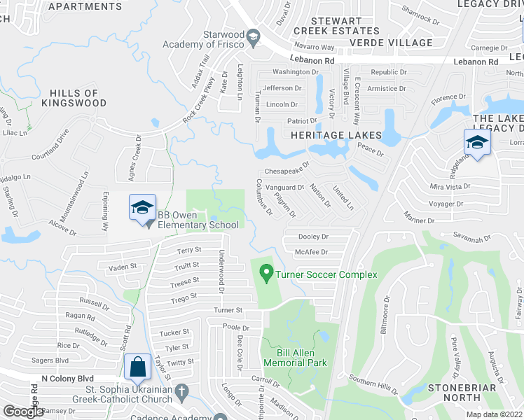 map of restaurants, bars, coffee shops, grocery stores, and more near 3383 Columbus Drive in Frisco