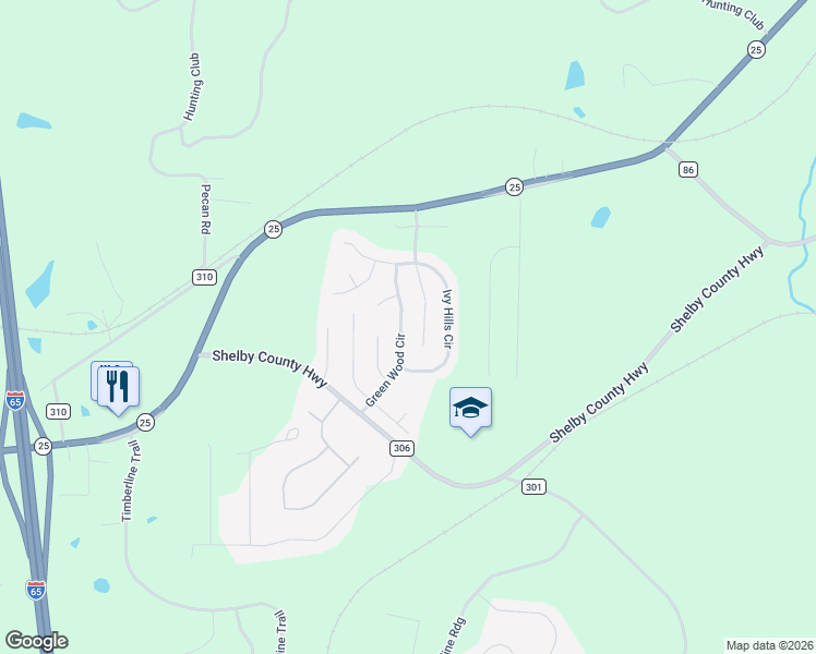 map of restaurants, bars, coffee shops, grocery stores, and more near 164 Green Wood Circle in Calera