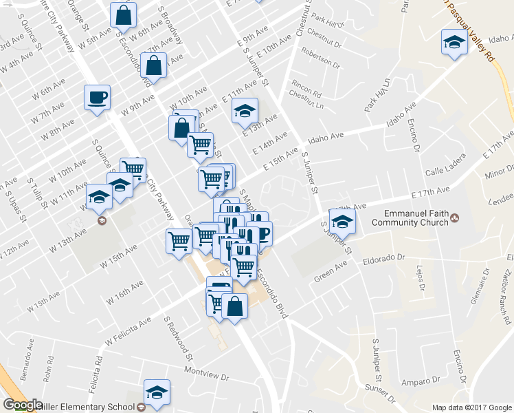 map of restaurants, bars, coffee shops, grocery stores, and more near 109 West 15th Avenue in Escondido