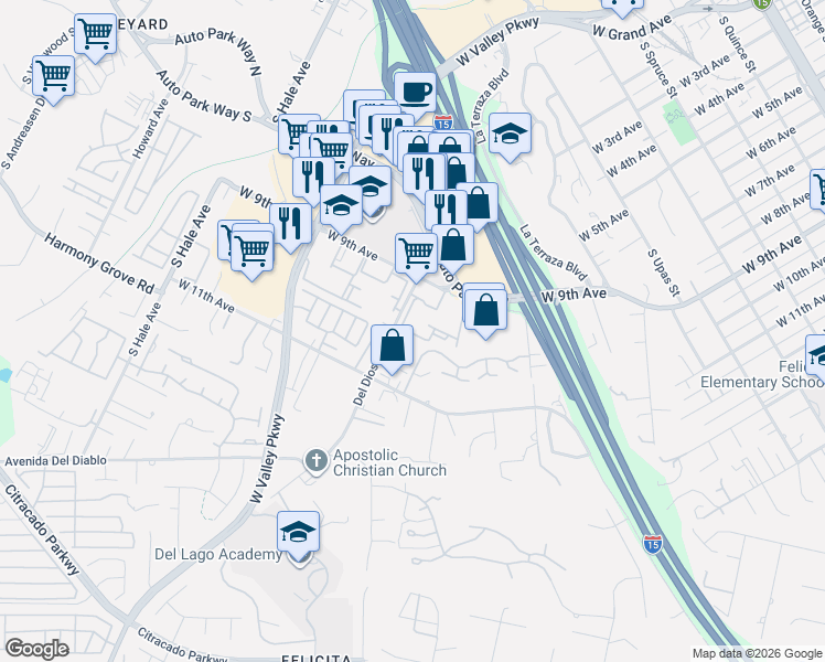 map of restaurants, bars, coffee shops, grocery stores, and more near 1361 West 9th Avenue in Escondido