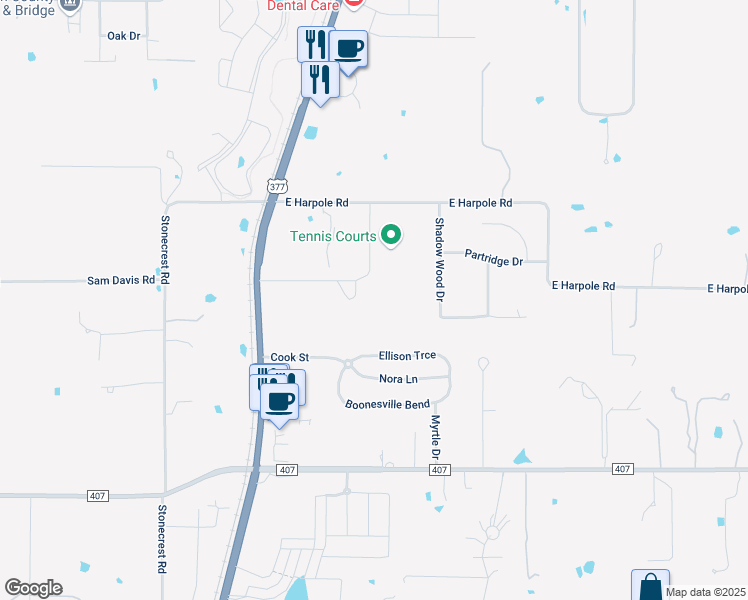 map of restaurants, bars, coffee shops, grocery stores, and more near 191 U.S. 377 in Argyle