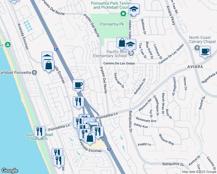 map of restaurants, bars, coffee shops, grocery stores, and more near 6885 Carnation Drive in Carlsbad
