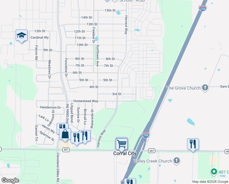 map of restaurants, bars, coffee shops, grocery stores, and more near 1100 4th Street in Argyle