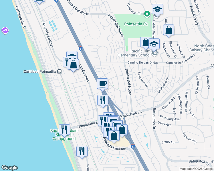 map of restaurants, bars, coffee shops, grocery stores, and more near 808 Spindrift Lane in Carlsbad