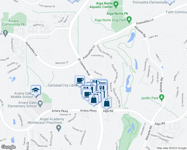 map of restaurants, bars, coffee shops, grocery stores, and more near 6907 Quail Place in Carlsbad