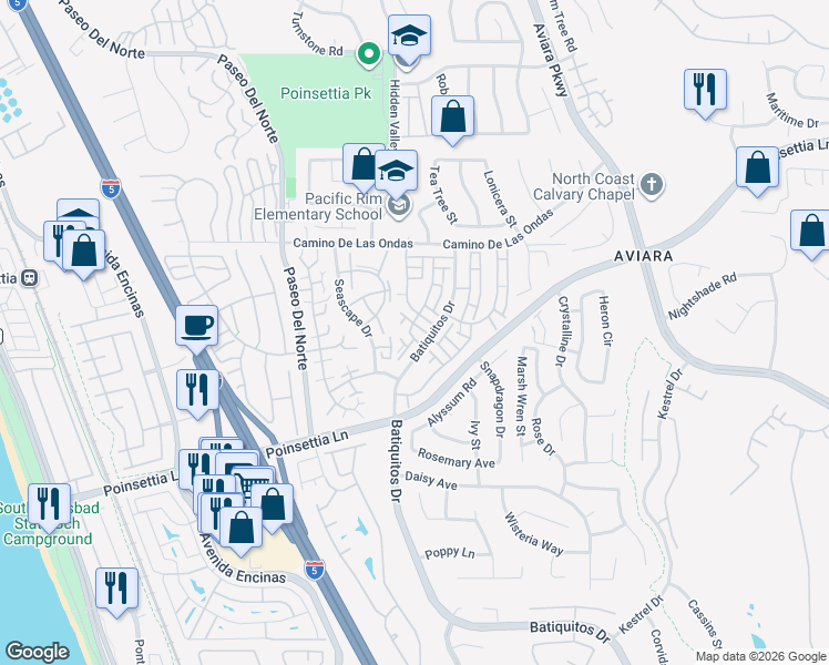 map of restaurants, bars, coffee shops, grocery stores, and more near 6922 Pear Tree Drive in Carlsbad