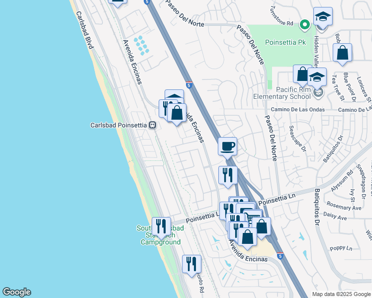 map of restaurants, bars, coffee shops, grocery stores, and more near 636 Sandside Court in Carlsbad