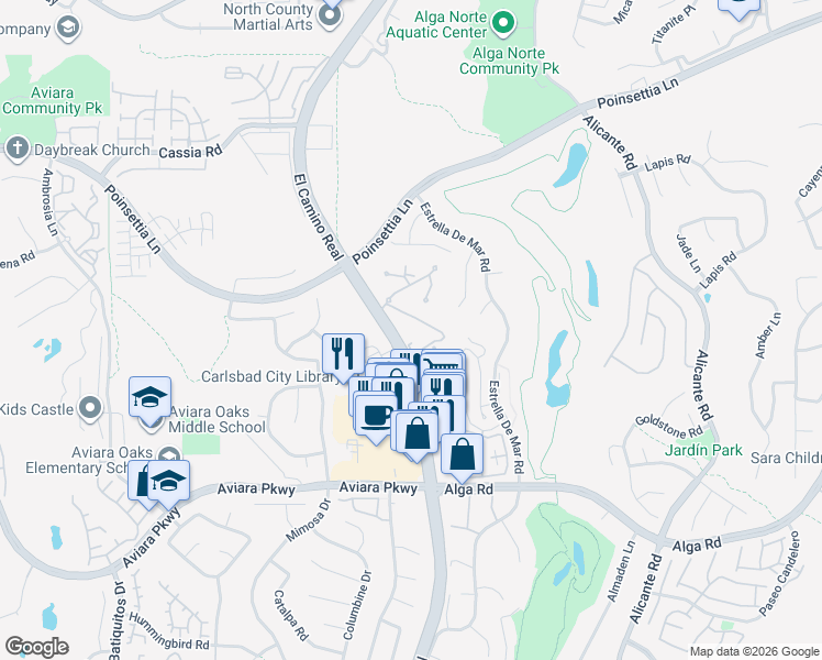 map of restaurants, bars, coffee shops, grocery stores, and more near 6903 Quail Place in Carlsbad