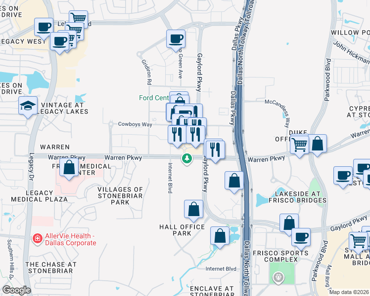 map of restaurants, bars, coffee shops, grocery stores, and more near Cowboys Way in Frisco
