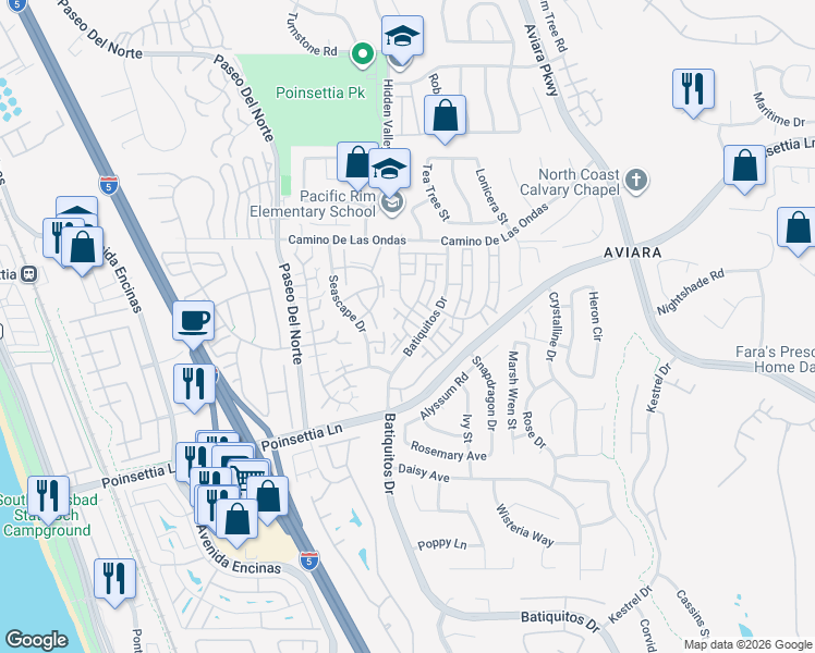 map of restaurants, bars, coffee shops, grocery stores, and more near 6922 Pear Tree Drive in Carlsbad