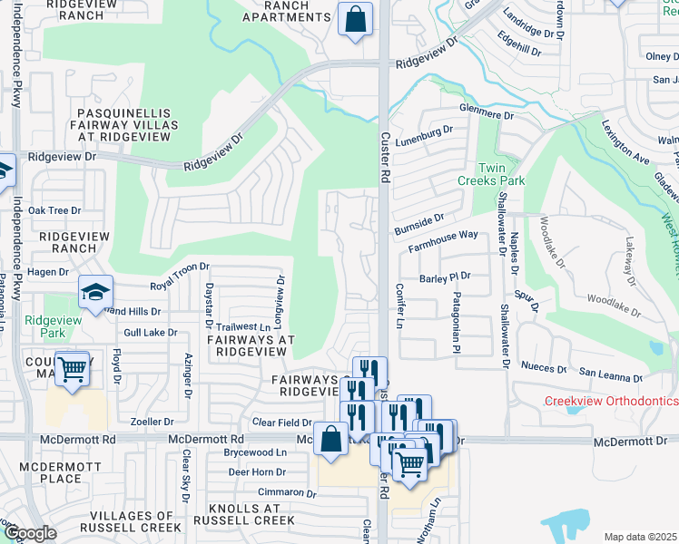 map of restaurants, bars, coffee shops, grocery stores, and more near 9603 Custer Road in Plano