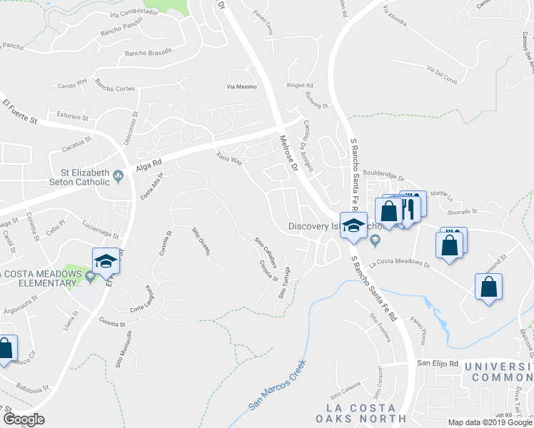 map of restaurants, bars, coffee shops, grocery stores, and more near 6815 Xana Way in Carlsbad