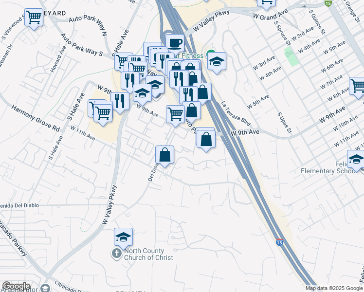 map of restaurants, bars, coffee shops, grocery stores, and more near 101 Centre City Parkway in Escondido