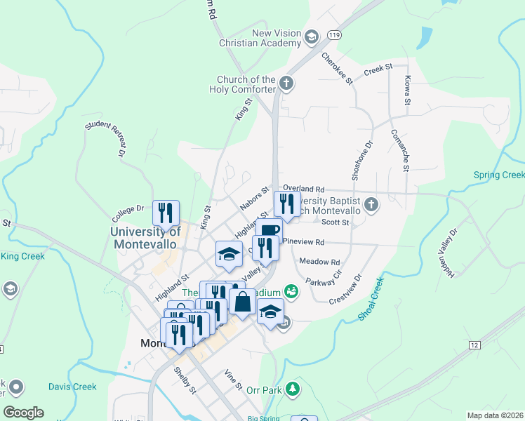 map of restaurants, bars, coffee shops, grocery stores, and more near 1349 Nabors Street in Montevallo