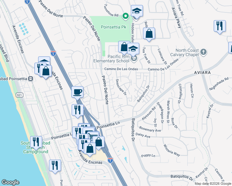 map of restaurants, bars, coffee shops, grocery stores, and more near 876 Hollyhock Court in Carlsbad