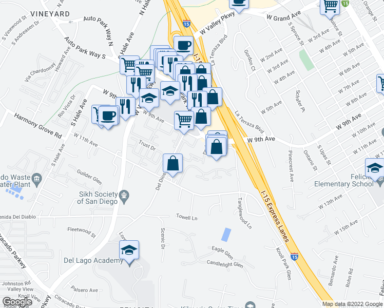 map of restaurants, bars, coffee shops, grocery stores, and more near 910 Del Dios Road in Escondido