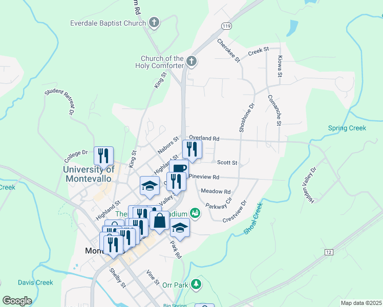 map of restaurants, bars, coffee shops, grocery stores, and more near 165 Mitchell Street in Montevallo